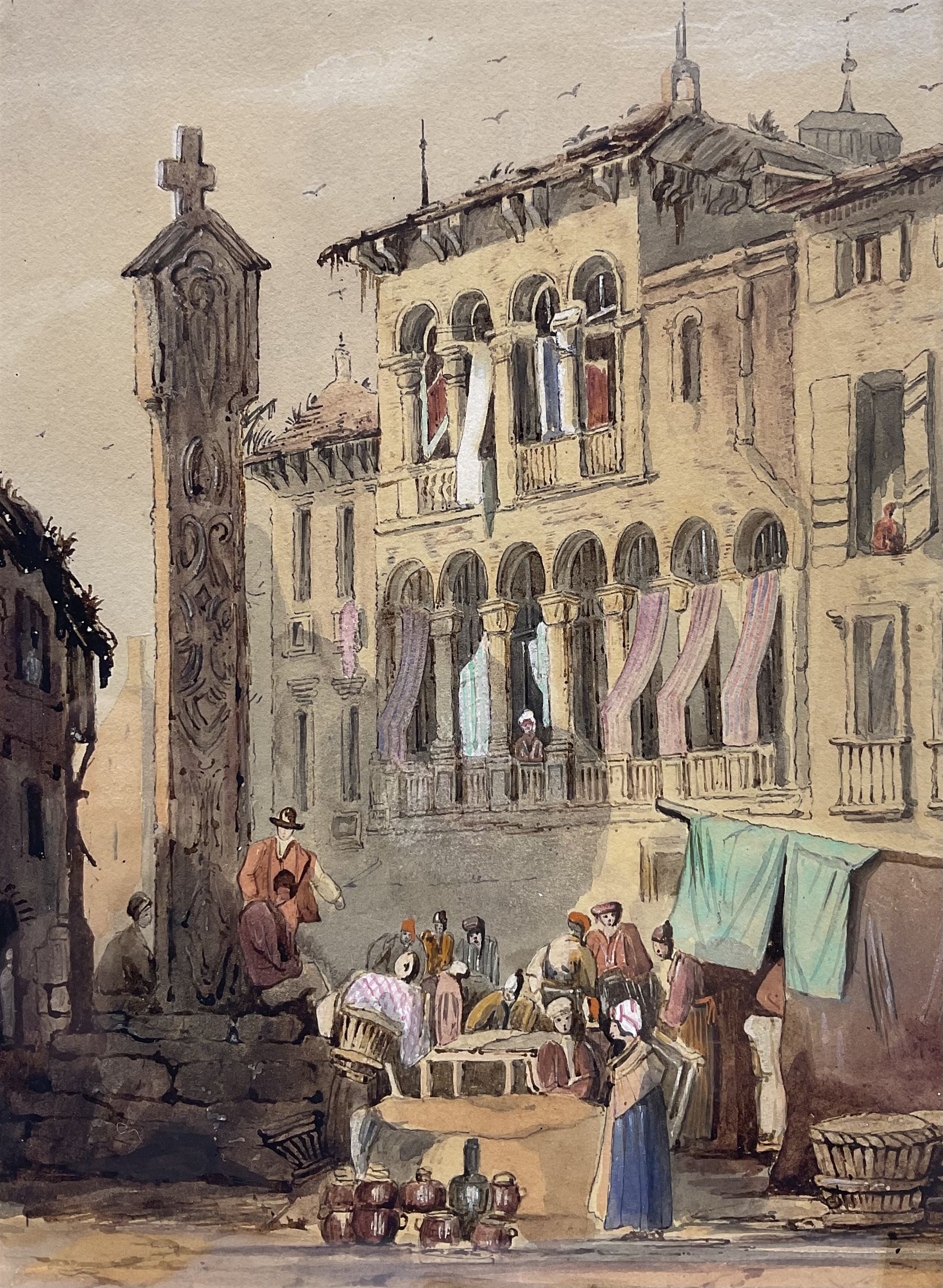 Circle of Samuel Prout (British 1783-1852): Market Day, watercolour heightened with white unsigned 28cm x 20cm 