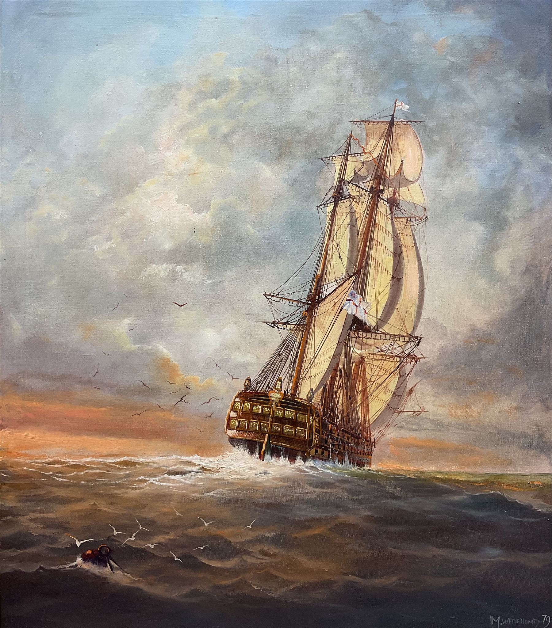 Michael J Whitehand (British 1941-): Galleon at Sunset, oil on canvas signed and dated '79, 72cm x 62cm