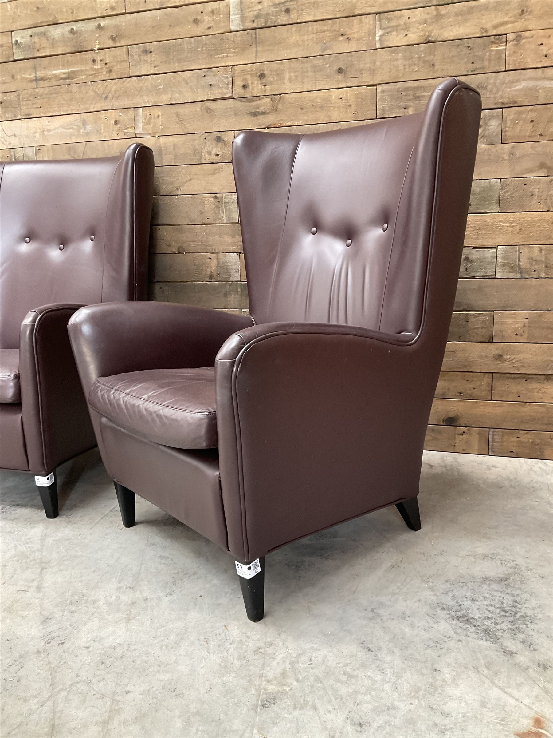 3 x Wing back armchair upholstered in cocoa brown leather