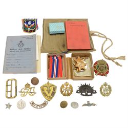 British WWII medals comprising 1939-45 war medal, Italy Star, Africa Star and 1939-1945 star, together with Royal Air Force service and release book for JM Jarvis, service number 2136059, together with RAF silver and enamel sweetheart broach and etc 