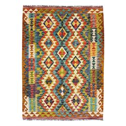 Kilim multicoloured ground rug, decorated with diamond-shaped medallions in red, blue, yel...