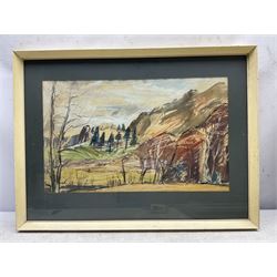 Marjorie Arnfield MBE (Northern British 1930-2001): 'March Landscape', mixed media unsigned, titled verso, together with two signed prints by the same artist 29cm x 47cm (3)