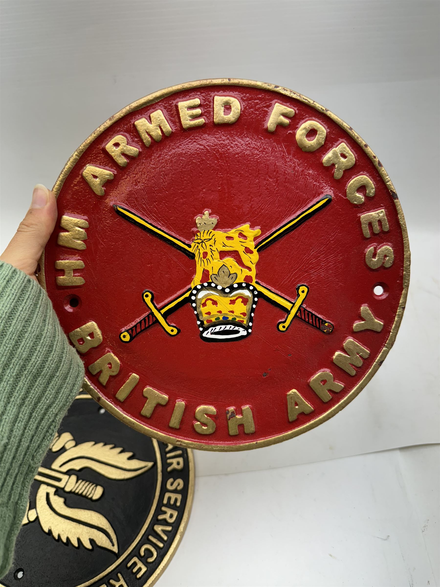 Two regimental cast iron signs, HM Armed Forces and Special Air Service Regiment D24cm