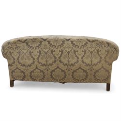 Late Victorian mahogany framed two seat drop arm sofa, upholstered in floral pattern fabric