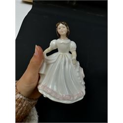 Eight Royal Doulton figures, including Fair Maiden, Across the Miles, Christmas Carols etc together with two Royal Worcester figures   