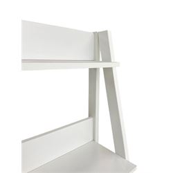 Contemporary white finish shelving unit, five graduating sloped shelves