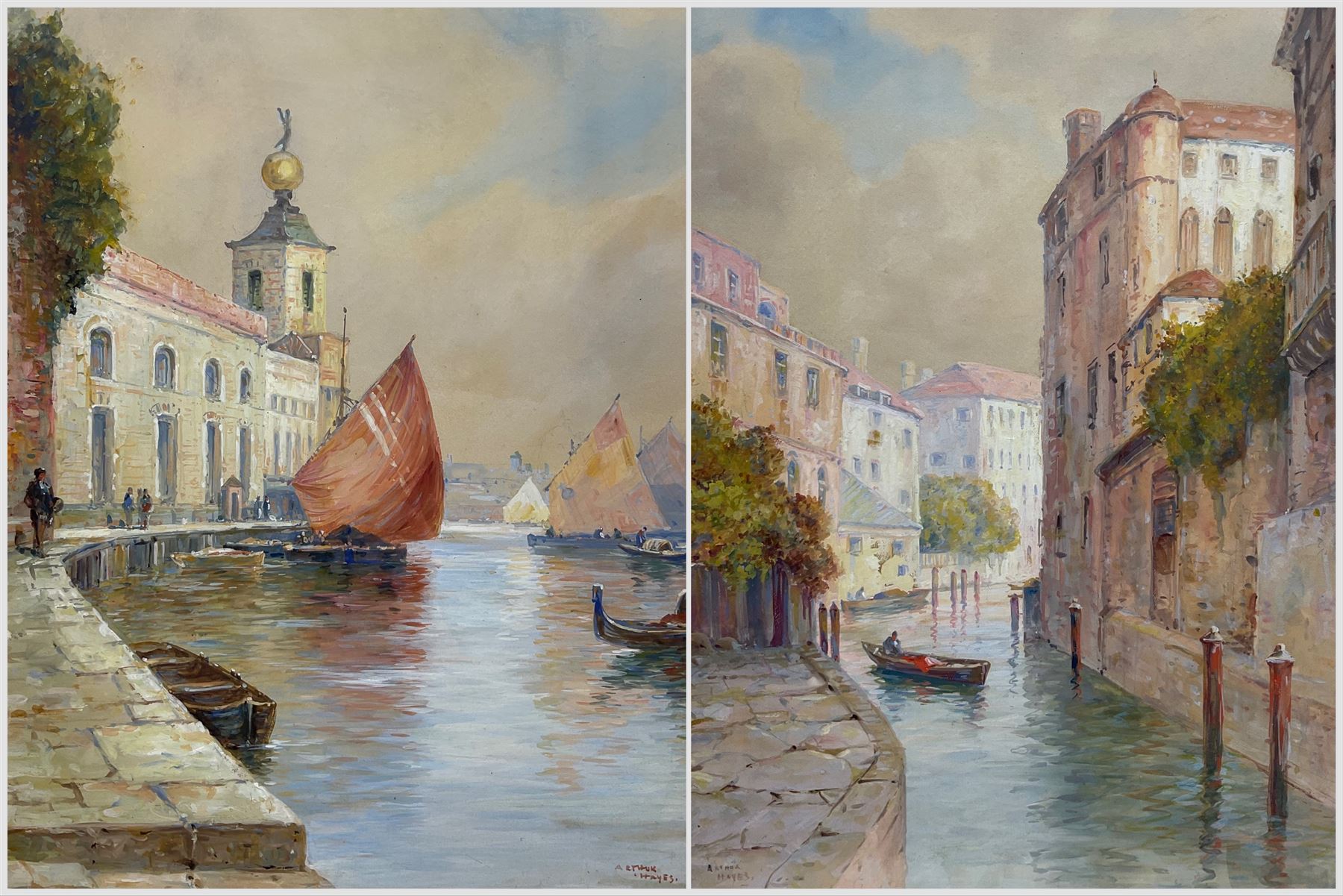 Arthur E Hayes (British 19th Century): Venetian Canals, pair gouaches signed 38cm x 26cm (2)