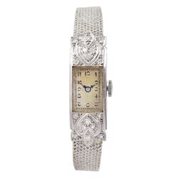 Louis Watch Company Art Deco ladies platinum diamond manual wind wristwatch, on later 9ct white gold bracelet, Birmingham 1969