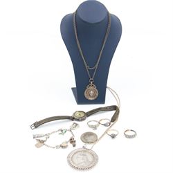 Silver jewellery, including charm bracelet, wristwatch, fob on silver chain, four rings and a 1890 Queen Victoria crown mounted in a pendant necklace