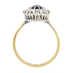 Gold oval cut sapphire and round brilliant cut diamond cluster ring, stamped 18ct Plat, sapphire approx 0.85 carat, total diamond weight approx 0.35 carat