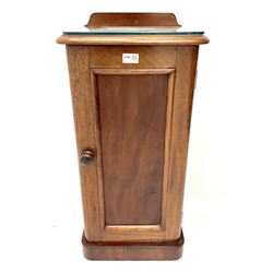 Victorian mahogany bedside cabinet, raised shaped back, single door, plinth base