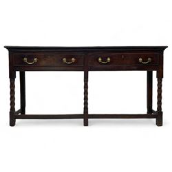 18th century oak dresser base, rectangular top, fitted with two drawers with moulded facia edges and brass swan neck handles, raised on turned front supports united by stretchers