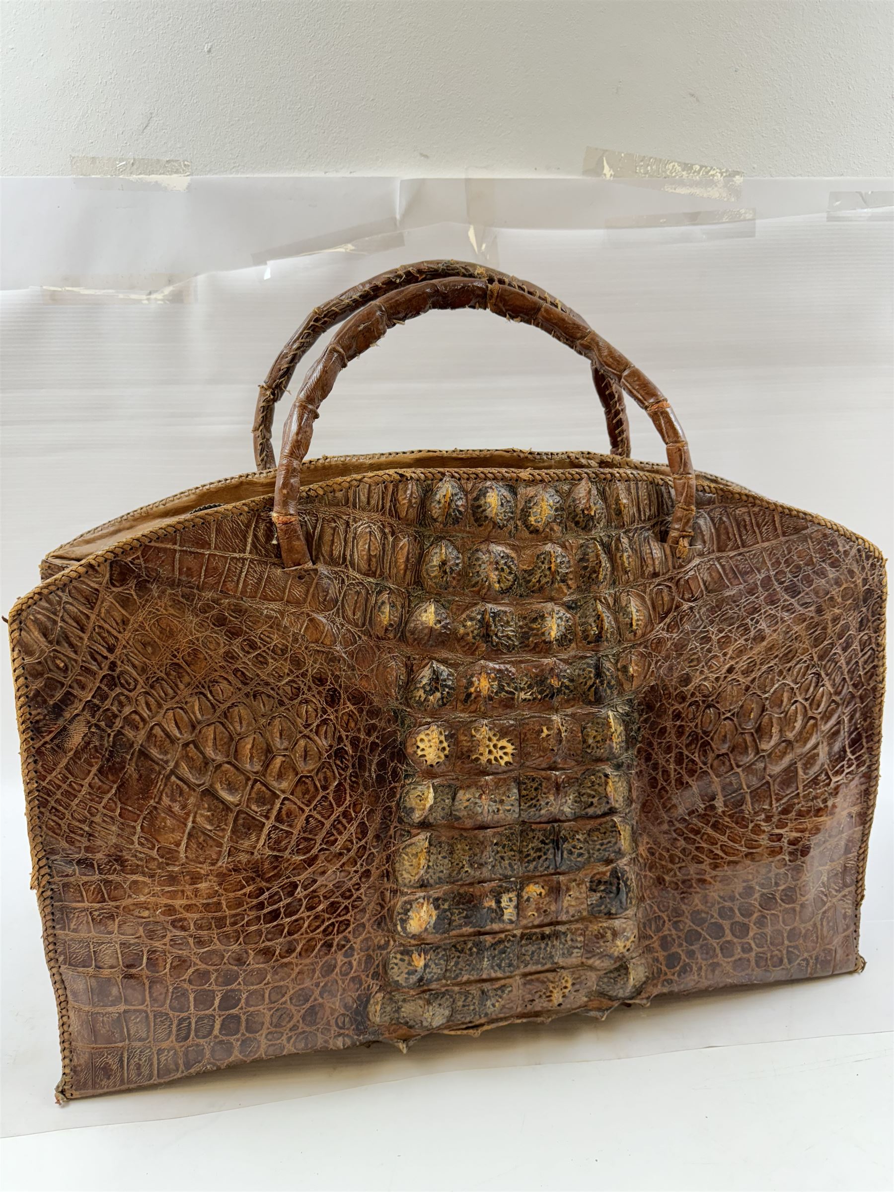 Large twin handled crocodile skin bag, with zippable compartment, H39cm 