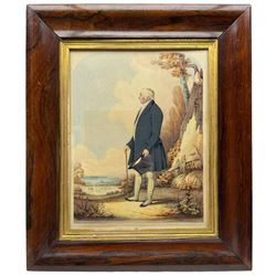 H Gilbert (British Mid-19th century): Full Length Portrait of a Wealthy Lady and Gentleman with the Solent Behind, pair watercolours signed and dated 1843, in matching rosewood frames 34cm x 26cm (2)