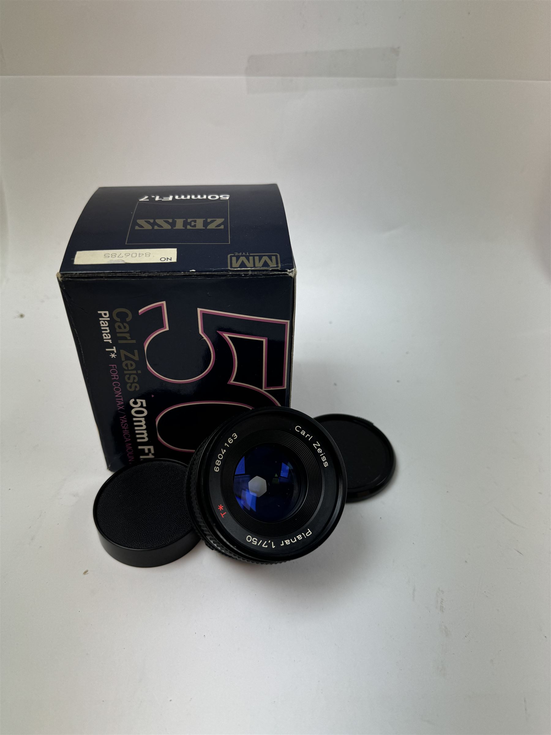 Carl Zeiss Planar 1.7/50 50mm T* lens, serial no. 6804163, for Contax/Yashica mount, boxed with warranty, instructions and two lens caps