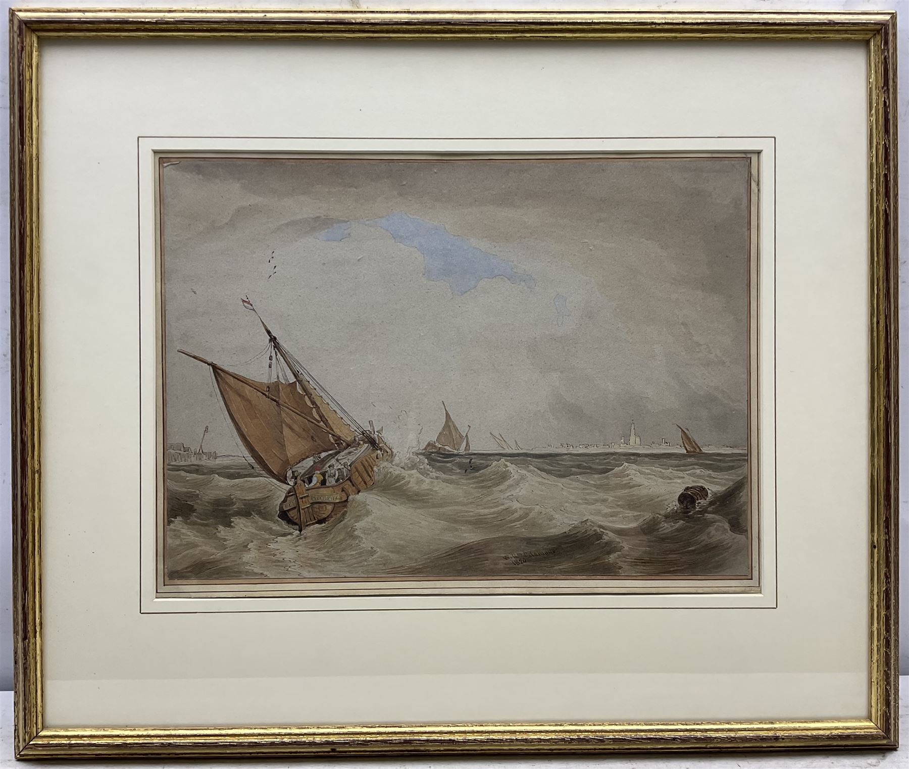 William Alfred Delamotte (British 1775-1863): 'Dutch Fishing Boats on the Scheldt near Antwerp', watercolour signed and dated 1820, titled on gallery label verso 27cm x 38cm 
Provenance: with Abbott & Holder, Museum Street, London, label verso