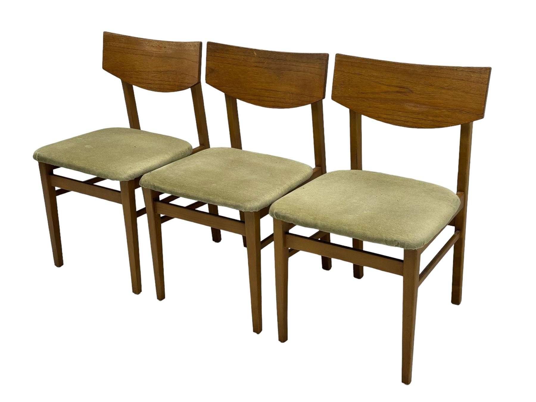 Mid-20th century teak dining table, draw-leaf action extending top, on square tapering supports (98cm - 148cm x 76cm, H75cm); and a set of three dining chairs 