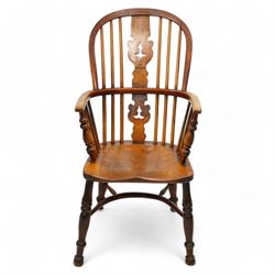 19th century elm and beech Windsor armchair, double hoop and stick back with shaped and pierced splat, dished seat on turned supports united by crinoline stretcher 