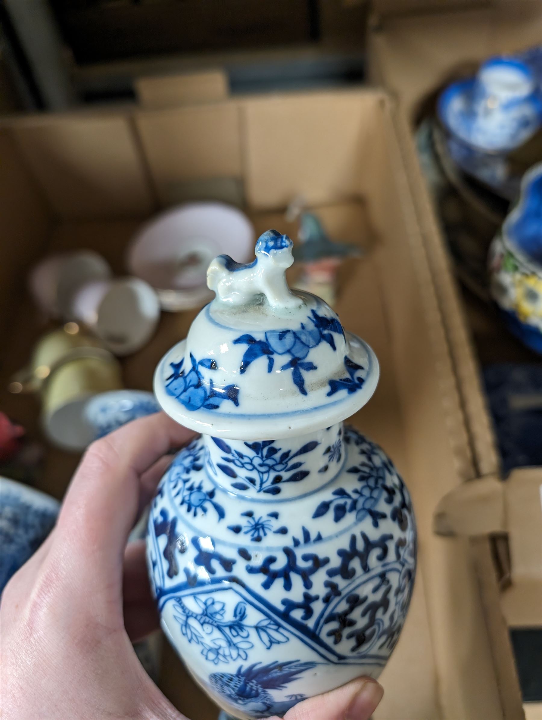 Pair of blue and white vases, together with matching vase and cover and other ceramics