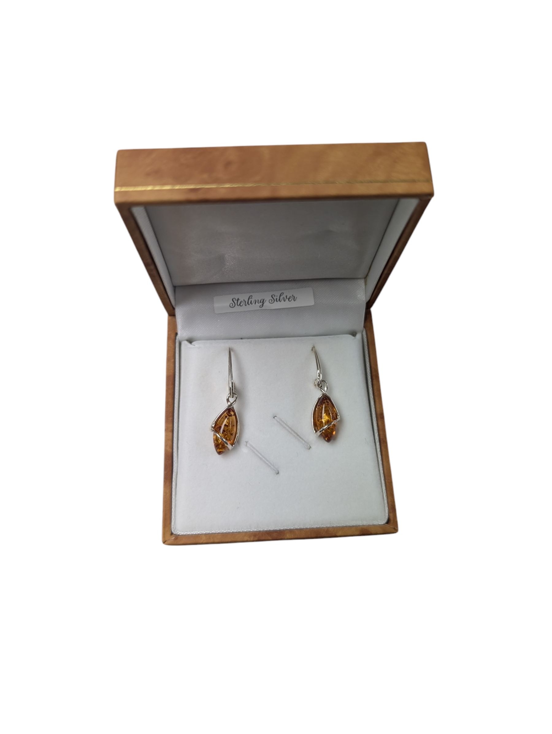 Pair of silver Baltic amber pendant earrings, boxed 