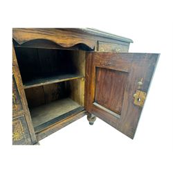 Victorian walnut scumbled pine sideboard, stepped rectangular top over central cupboard with marquetry inlay, flanked by two banks of three drawers fitted with round wooden knobs, raised on turned bun supports