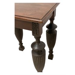 Late Victorian walnut nest of three tables, rectangular top with moulded edge, raised on reeded and turned urn shaped supports with acanthus leaf carving and square feet