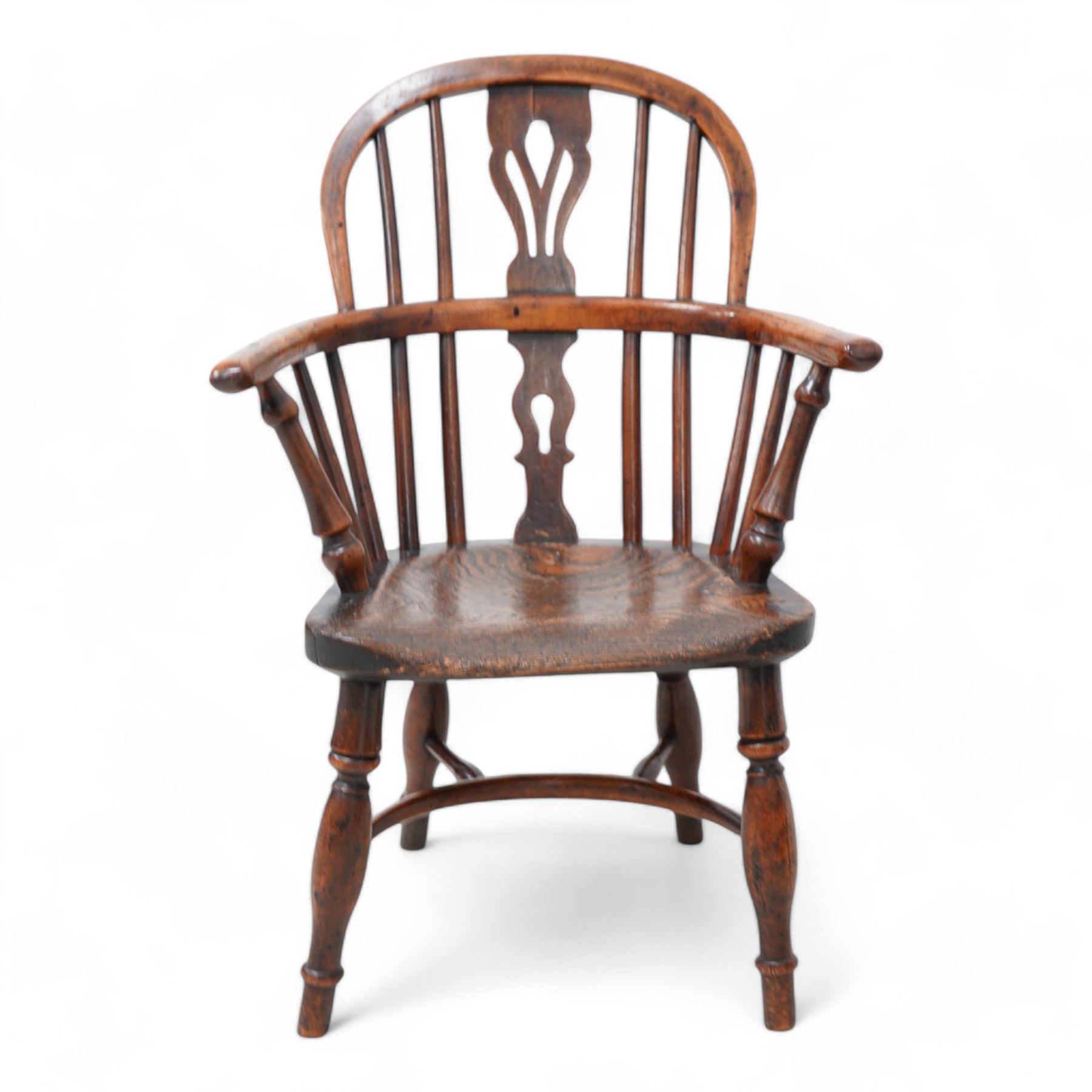 19th century yew wood and elm Child's Windsor armchair, double hoop and stick back with pierced splat, dished seat on turned supports united by crinoline stretcher, impressed maker's mark beneath 'V' 