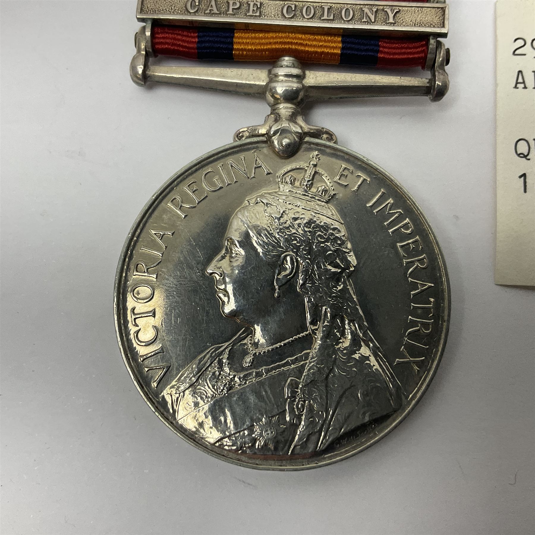 Victoria Queens South Africa Medal with Cape Colony and Orange Free State clasps awarded to 2929 Pte. H. Darcy Argyle and Sutherland Highlanders; with replacement ribbon and fragment of original.