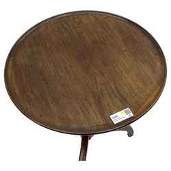 Early 19th century mahogany tripod table, circular dished tilt-top with moulded edge, on ring turned pedestal with three out-splayed supports 