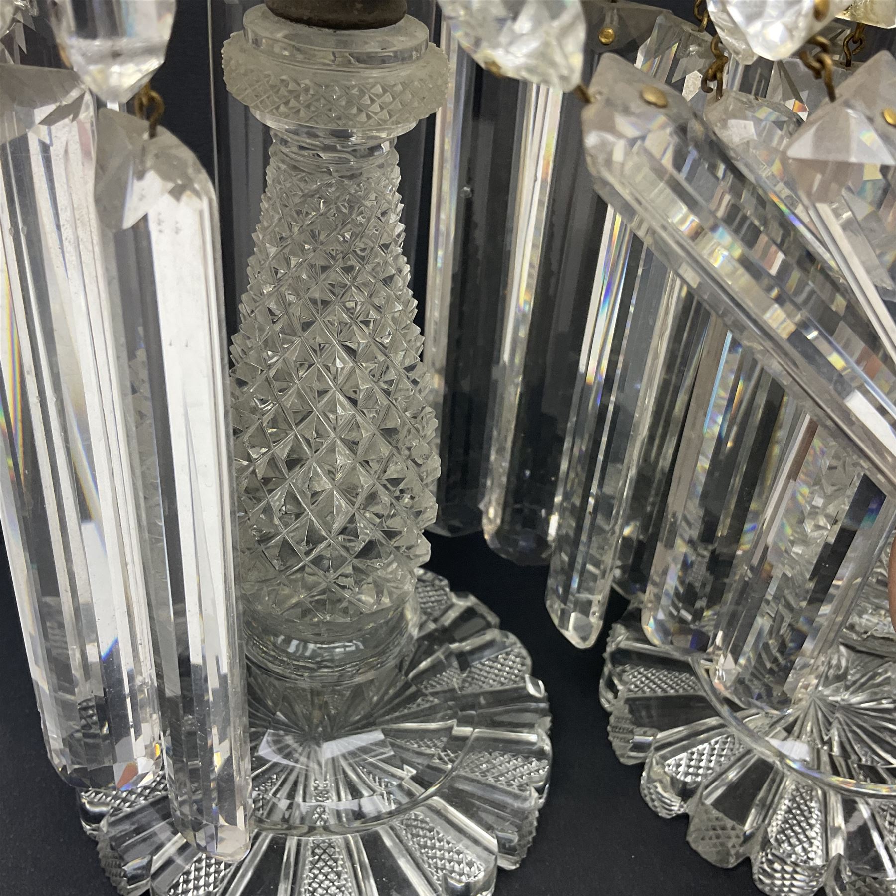 Pair of Victorian clear glass lustres, each with two tiered cut glass bowls supporting cut clear glass lustre drops upon central hobnail cut stem, H29cm