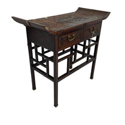 Chinese design bamboo and wood altar side table, parquetry lattice-work bamboo, fitted with two drawers over geometric rails