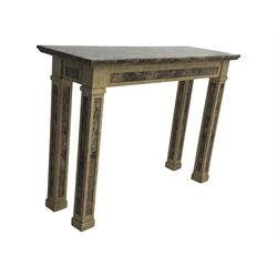 Rectangular console table, variegated marble top, on square supports with block feet 