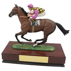 'The Hearthstead Homes Stakes York 1996 won by Mr Guy Reed's 'Give me a Ring' - Limited edition cold painted bronze by Cameron Sculptures of a racehorse with jockey up in Guy Reed's racing colours 20cm x 22cm