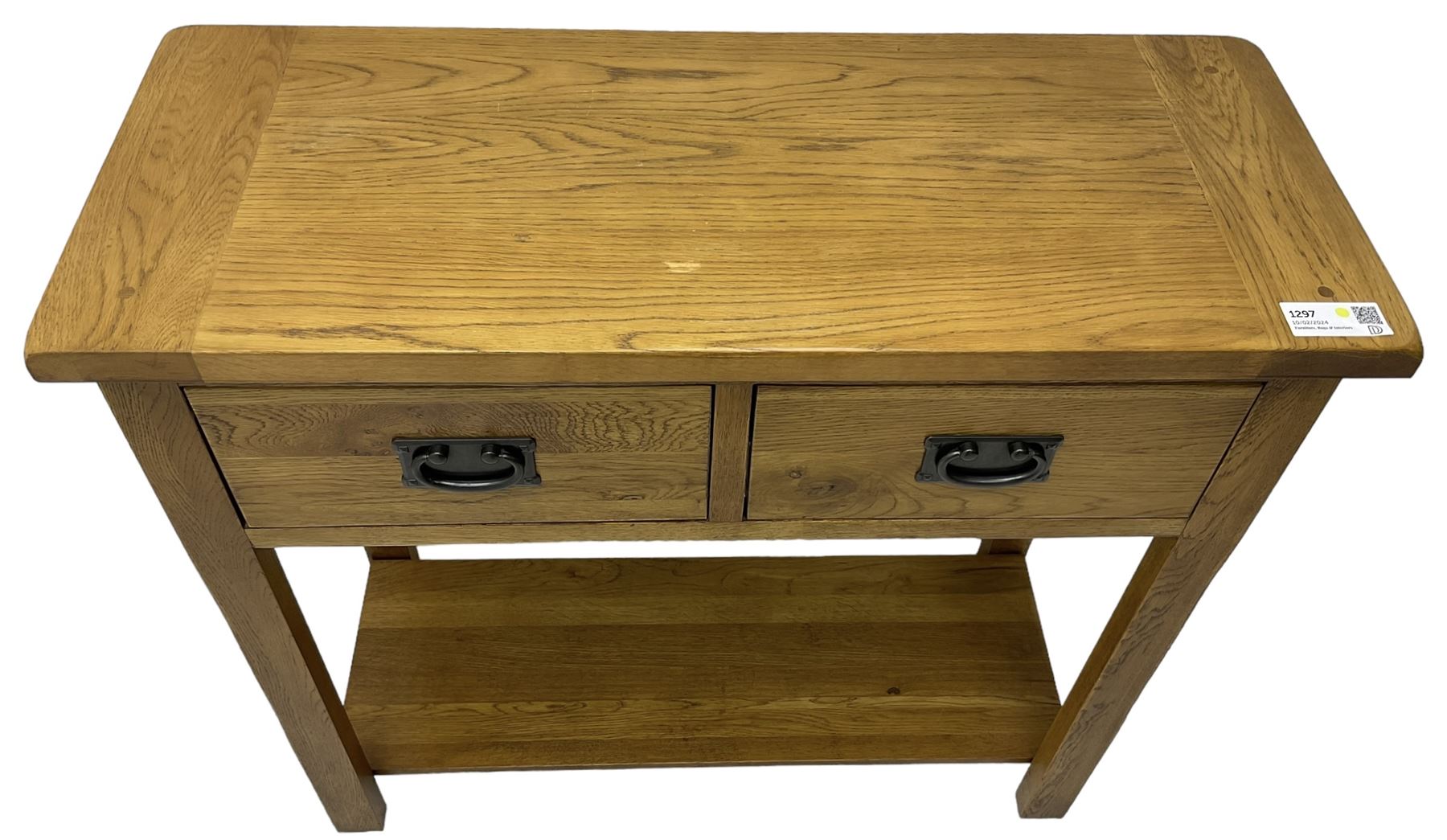 Light oak console table, rectangular top over two drawers, on rectangular supports united by under-tier