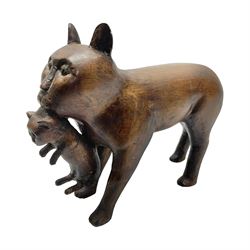 Folk Art wooden carving depicting a cat carrying a kitten, H16cm
