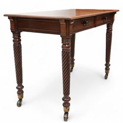 Victorian mahogany side table, moulded rectangular top over two drawers, on rope twist supports with brass cups and castors 