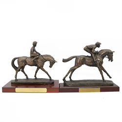 'Go Racing in Yorkshire Special Achievement Award, Guy Reed' - Bronze resin figure of a racehorse with jockey up on wooden plinth 30cm x 35cm and another 'Winning Owner Cadbury Cup July 2008 York Racecourse' on wooden base 30cm x 33cm (2)