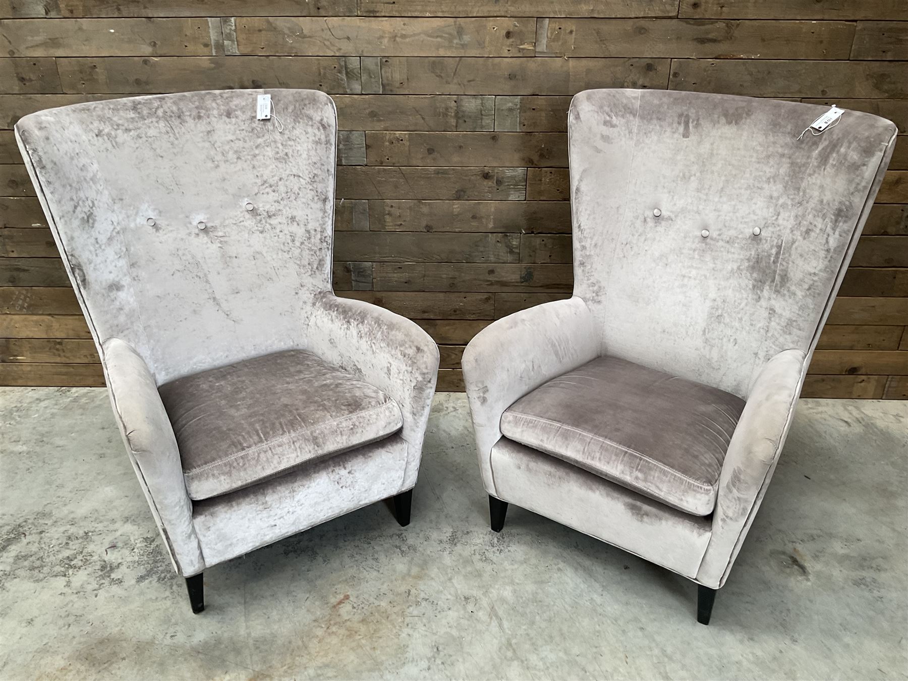 2 x Wing back armchair upholstered in silver crushed velvet fabric