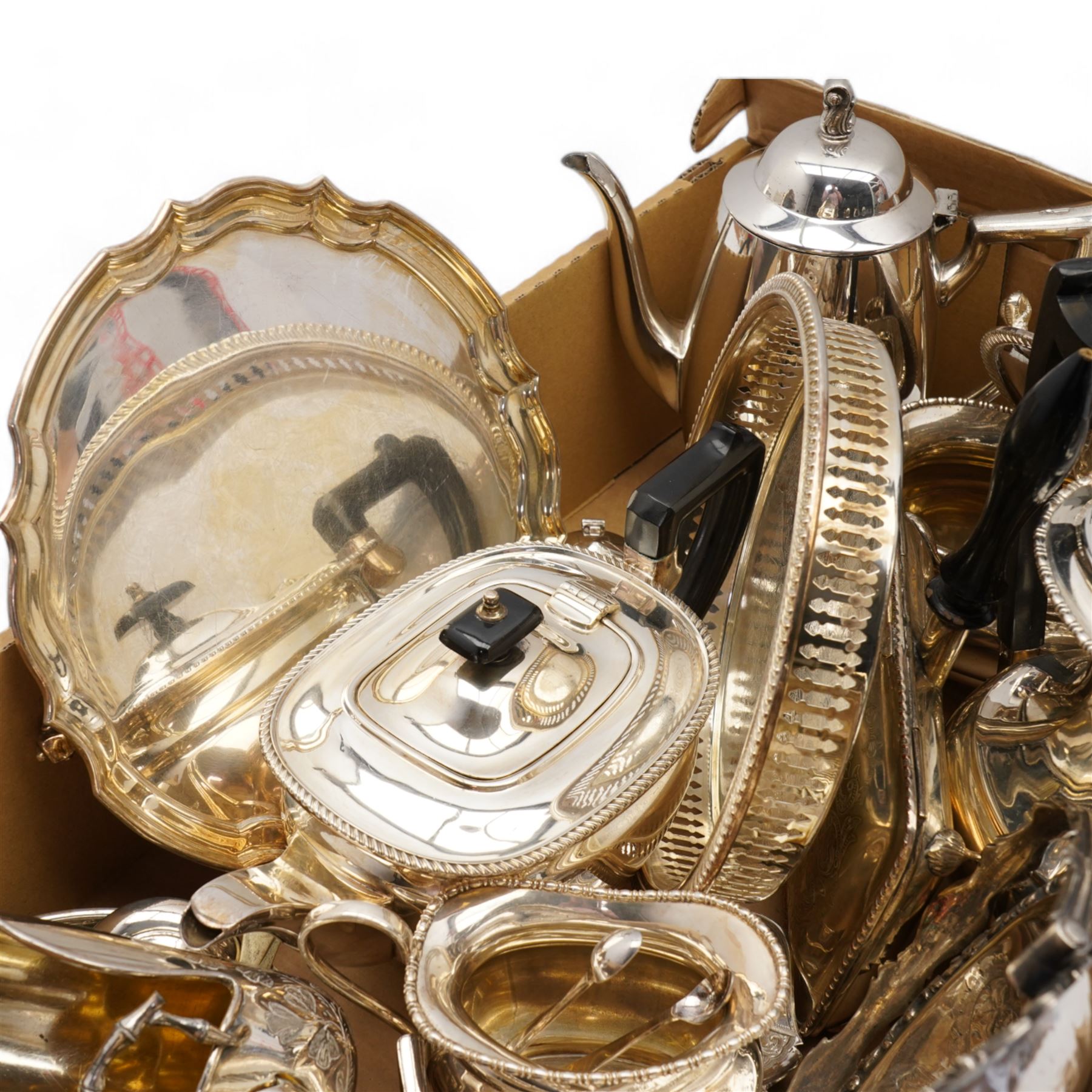 Victorian and later silver plate including coffee pot, teapot, swing handled basket, etc in one box