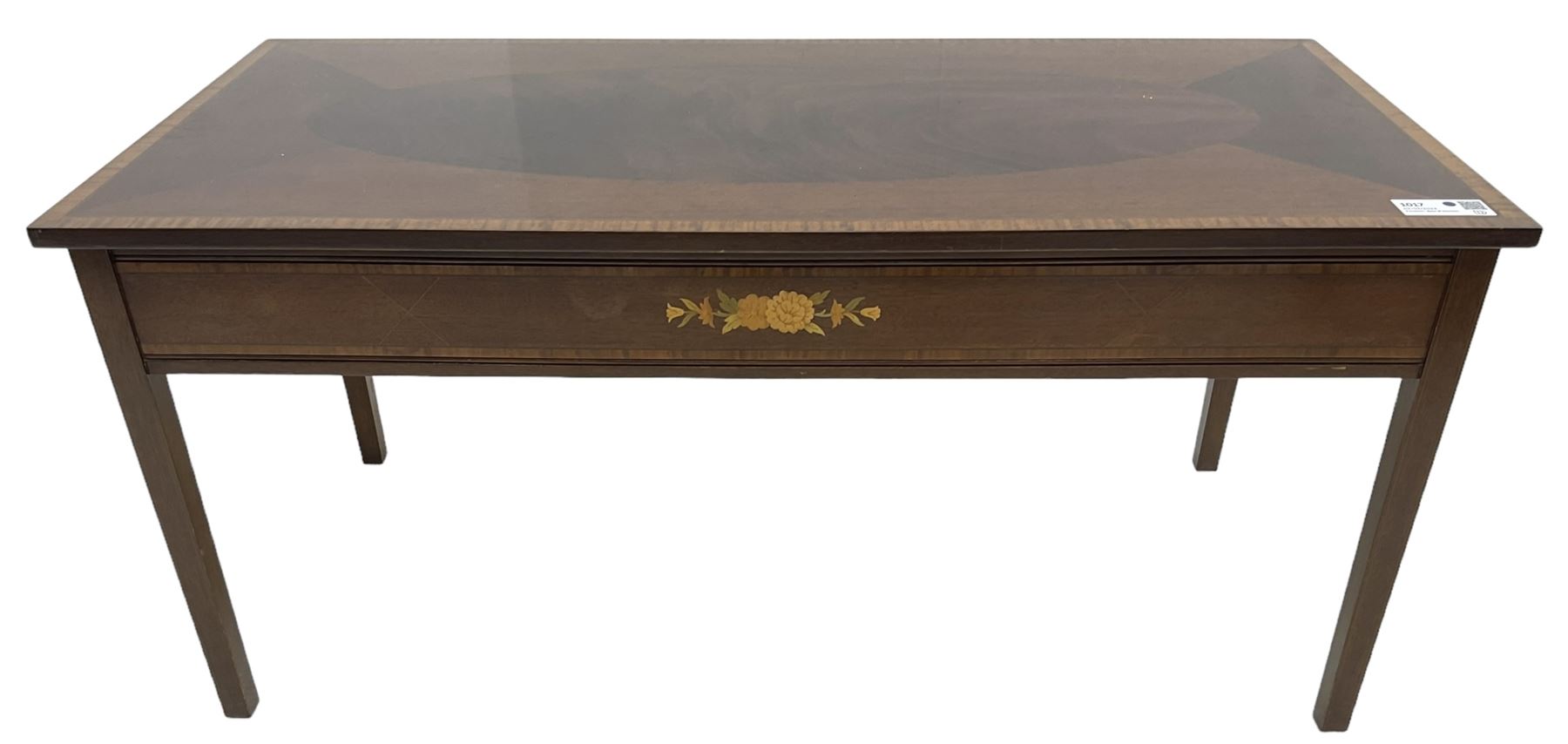 Edwardian Revival inlaid mahogany coffee table, rectangular satinwood banded top with central figured oval panel, the frieze rails inlaid with flowerheads, on square tapering supports