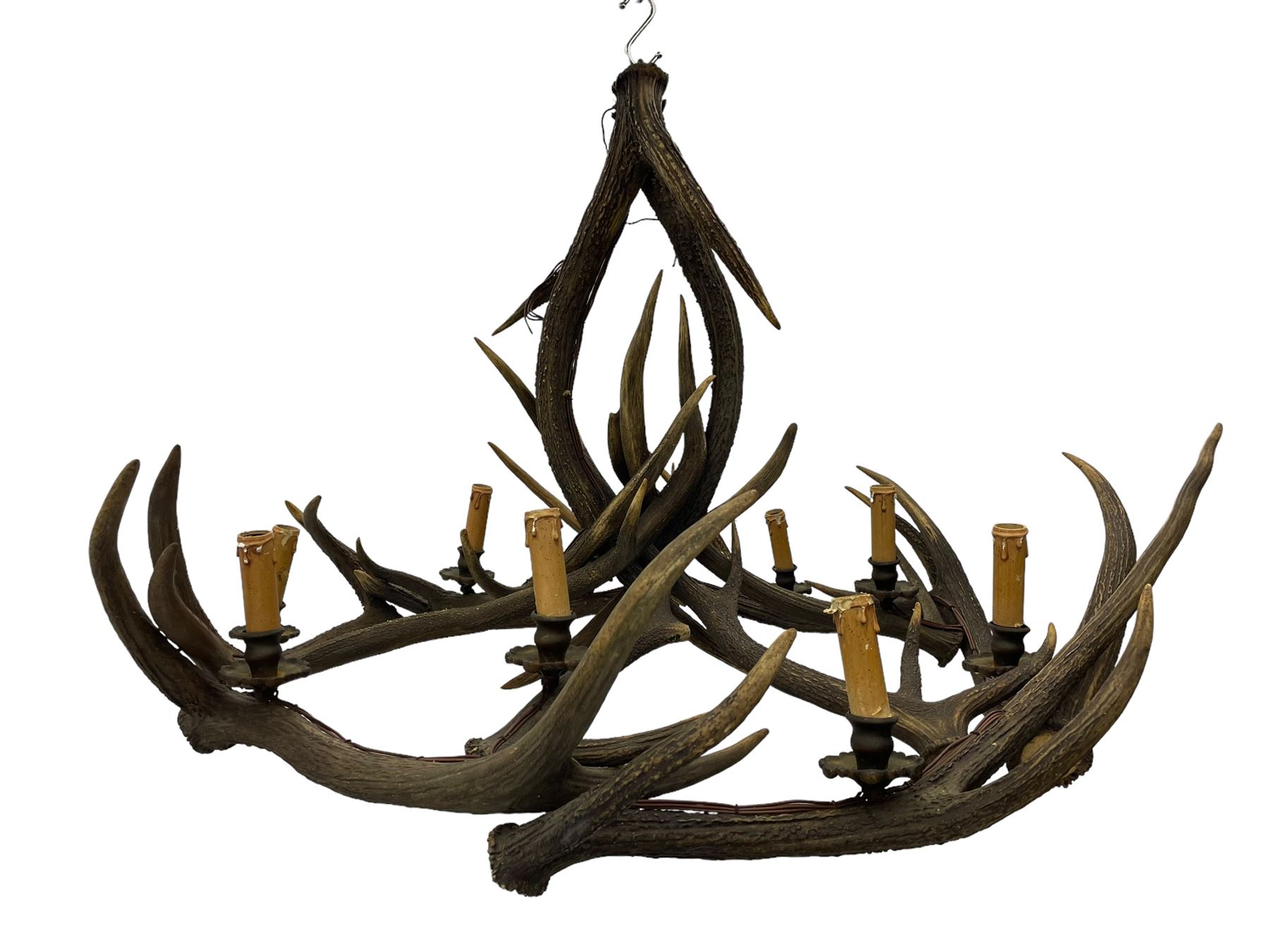 Deer antler chandelier, of circular shaped form, with nine fitted lights, D84cm, H65cm