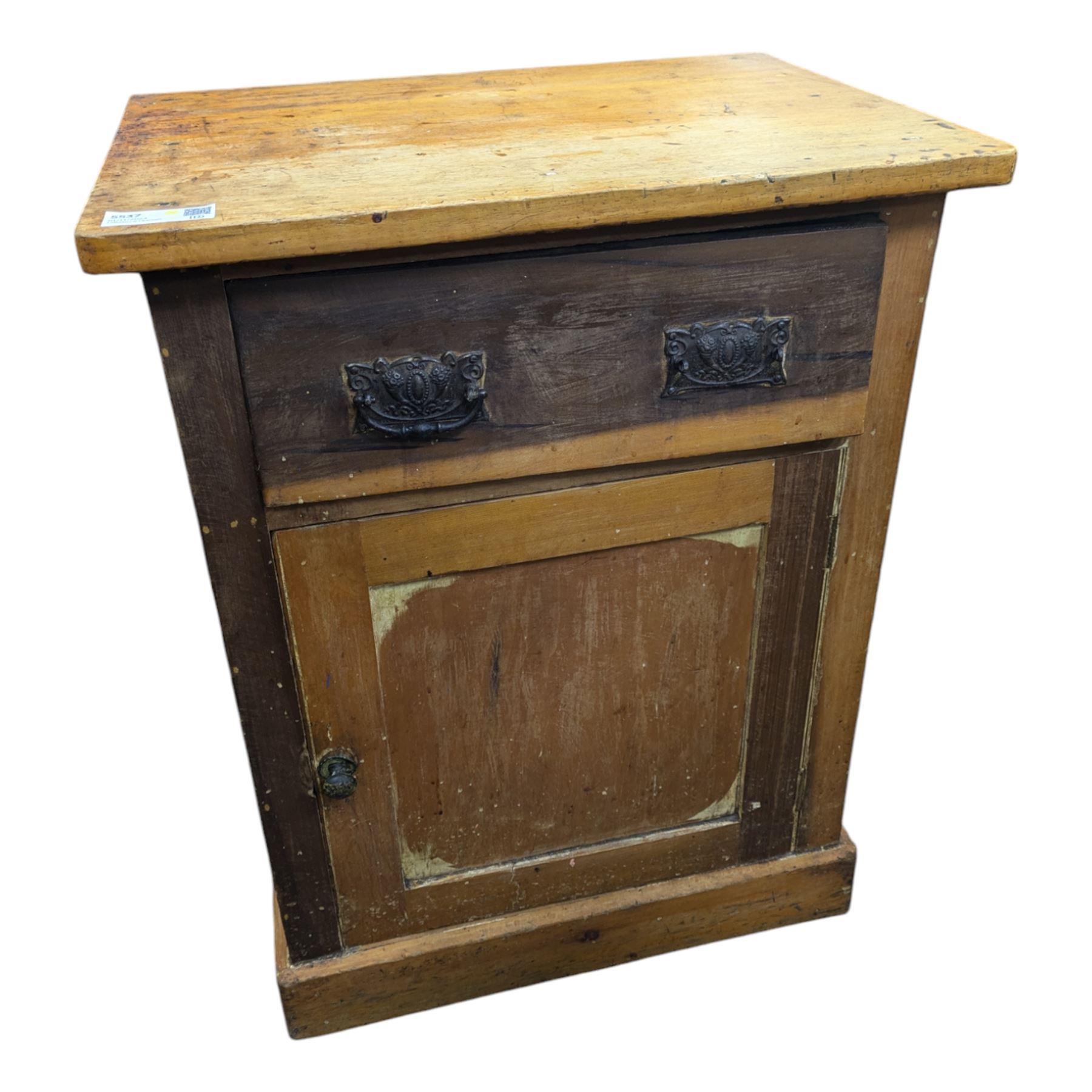 Late Victorian rustic pine pot cupboard, rectangular top over drawer and cupboard, on plinth base (W61cm, D45cm, H78cm); small stool with turned and splayed supports (H31cm)