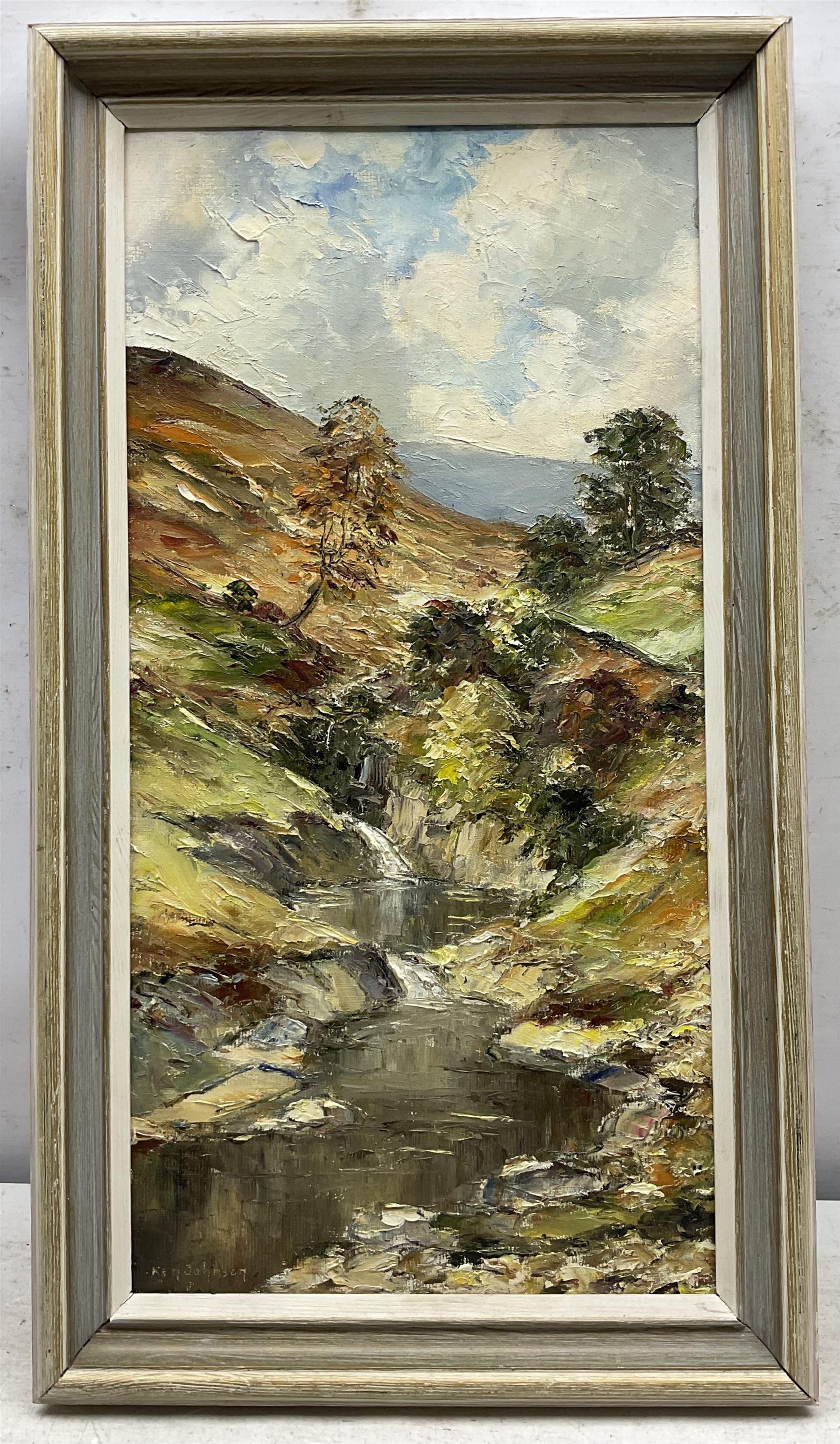 Ken Johnson (British 20th Century): Stepping Stones and 'Wheeldale Gill', two oils on board signed max 36cm x 43cm (2)