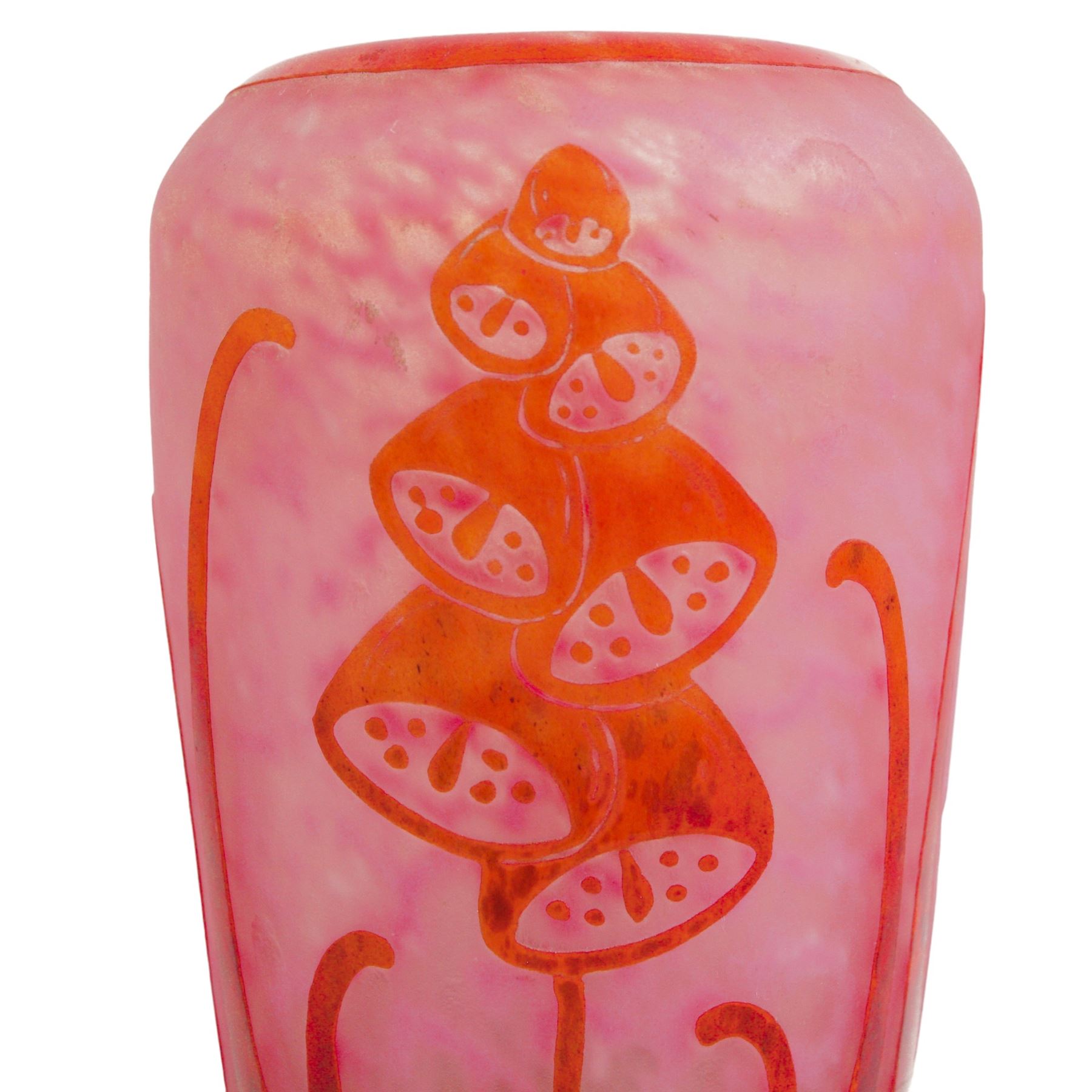 Le Verre Français, overlaid and etched cameo glass vase, circa 1920, internally mottled with pink and overlaid in amethyst with stylized floral decoration, the pedestal foot signed Le Verre Français, H26cm x D10.5cm 