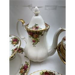 Royal Albert Old Country Roses pattern tea wares, comprising coffee pot, jug and sugar bowl, cake stands, napkin rings, teacups and saucers, side plates, dessert plates, small plates, all with printed marks beneath