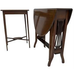 Edwardian inlaid mahogany rectangular occasional table (45cm x 31cm, H72cm); Edwardian mahogany drop-leaf Sutherland table (76cm x 92cm x 74cm)