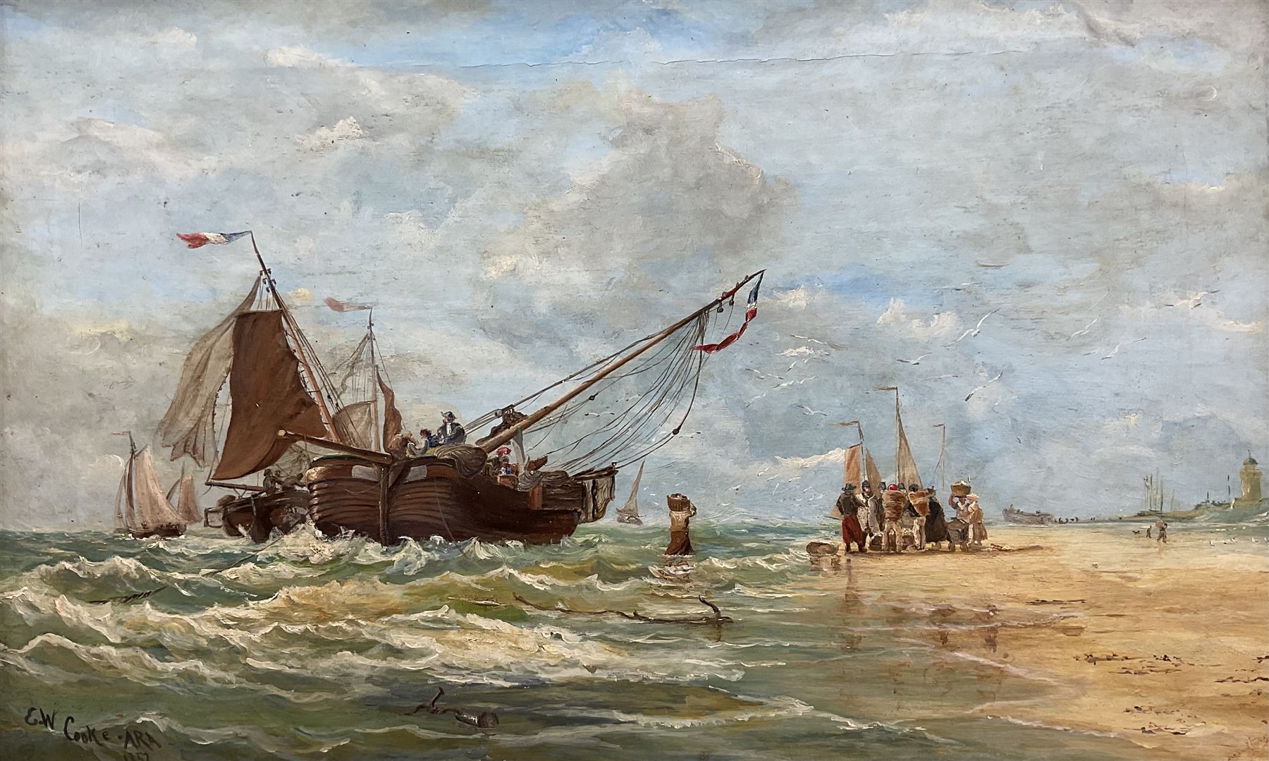 Edward William Cooke ARA (British 1811-1880): Bringing in the Day's Catch - 'Scheveningen' Den Hague, oil on canvas signed and dated 1857, inscribed verso 25cm x 40cm