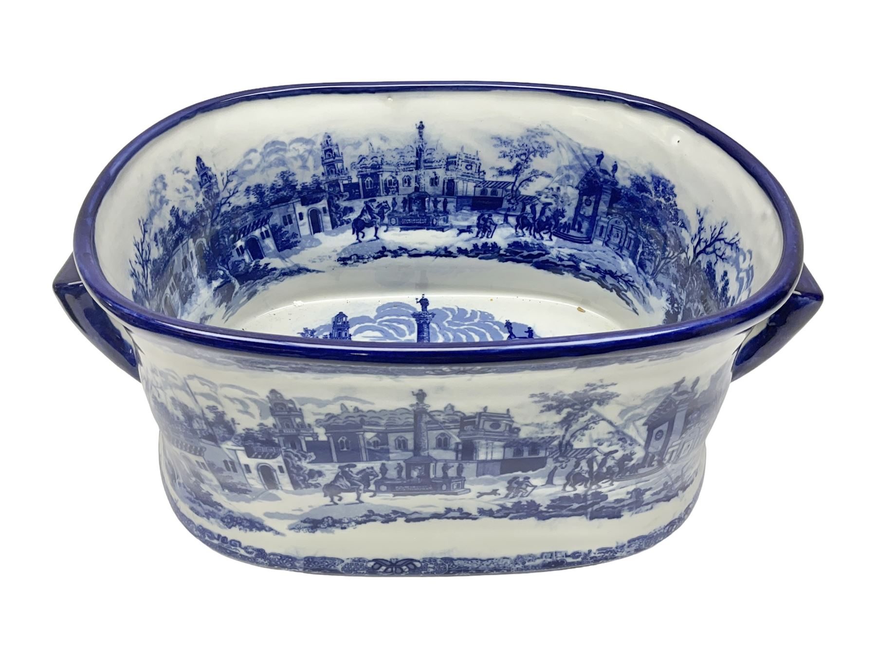 Victorian style, blue and white transfer printed footbath, decorated with town scene and with twin carry handles, L48cm