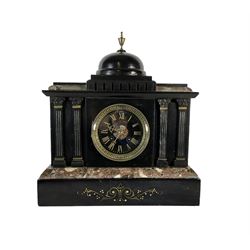 J.W. Benson of London -  8-day Belgium slate mantle clock c1880, stepped top with a central dome and brass finial, break front case with reeded columns and capitals, on a broad plinth with variegated marble and incised gilt decoration, conforming slate dial with contrasting gilt Roman numerals and brass hands, twin train striking movement, striking the hours and half-hours on a bell. With pendulum.