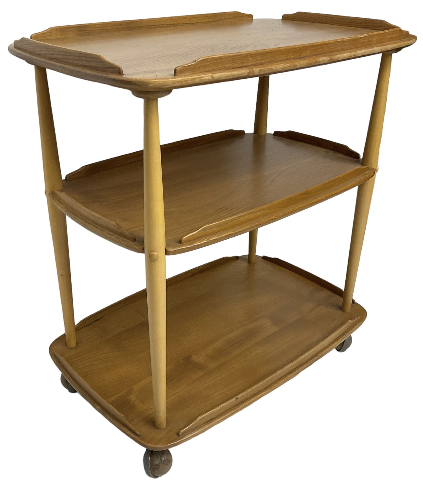 Ercol - mid-20th century light elm 'three tier tea trolley, on castors